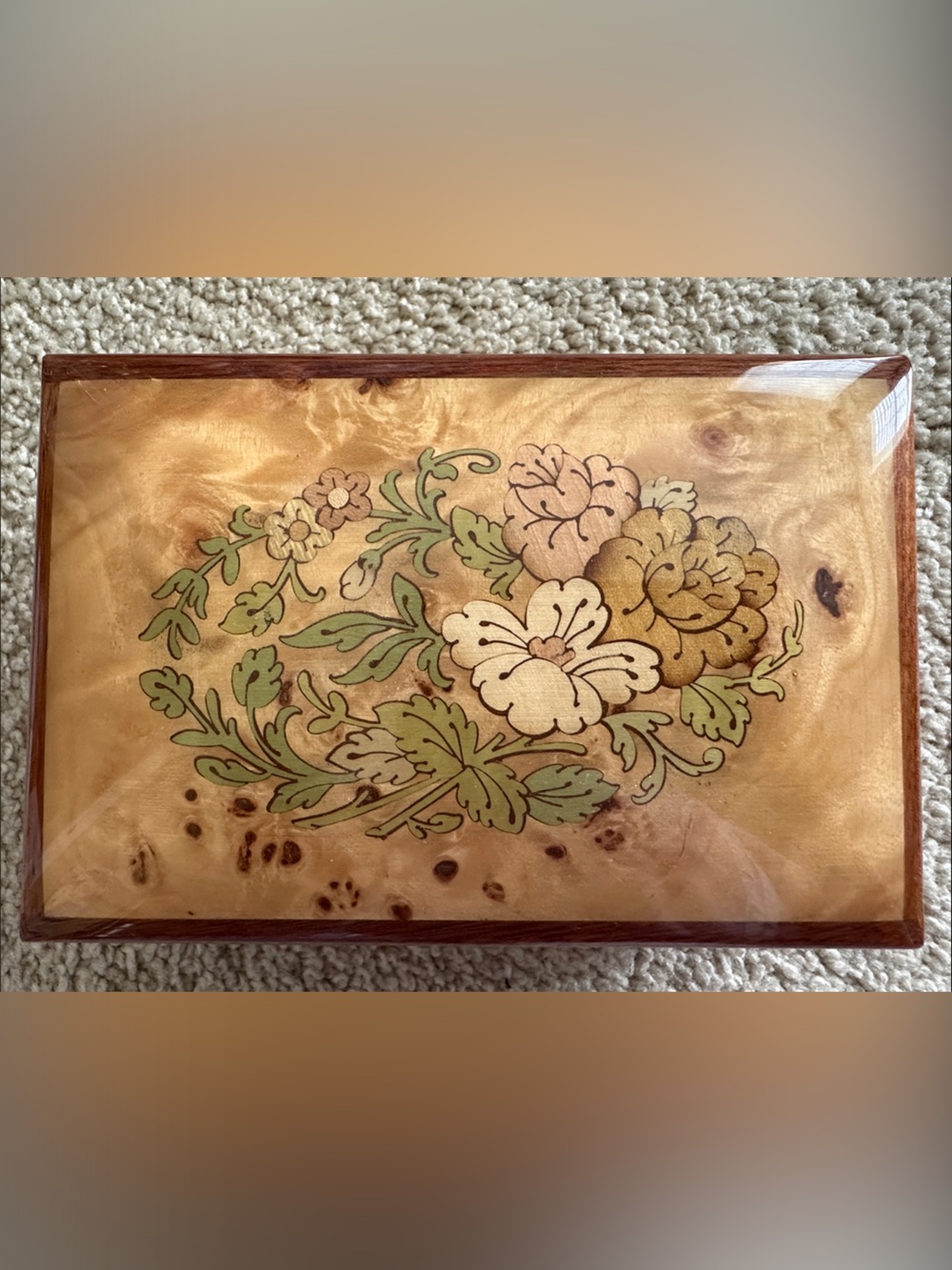 Floral Inlaid Wood Music Box - Picture 1 of 4